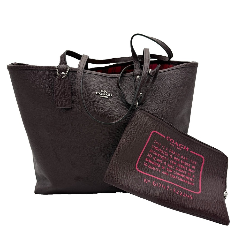 Coach City Tote Bag F22249 Reversible Canvas Shadow Plaid Pink/Oxblood w/Wallet